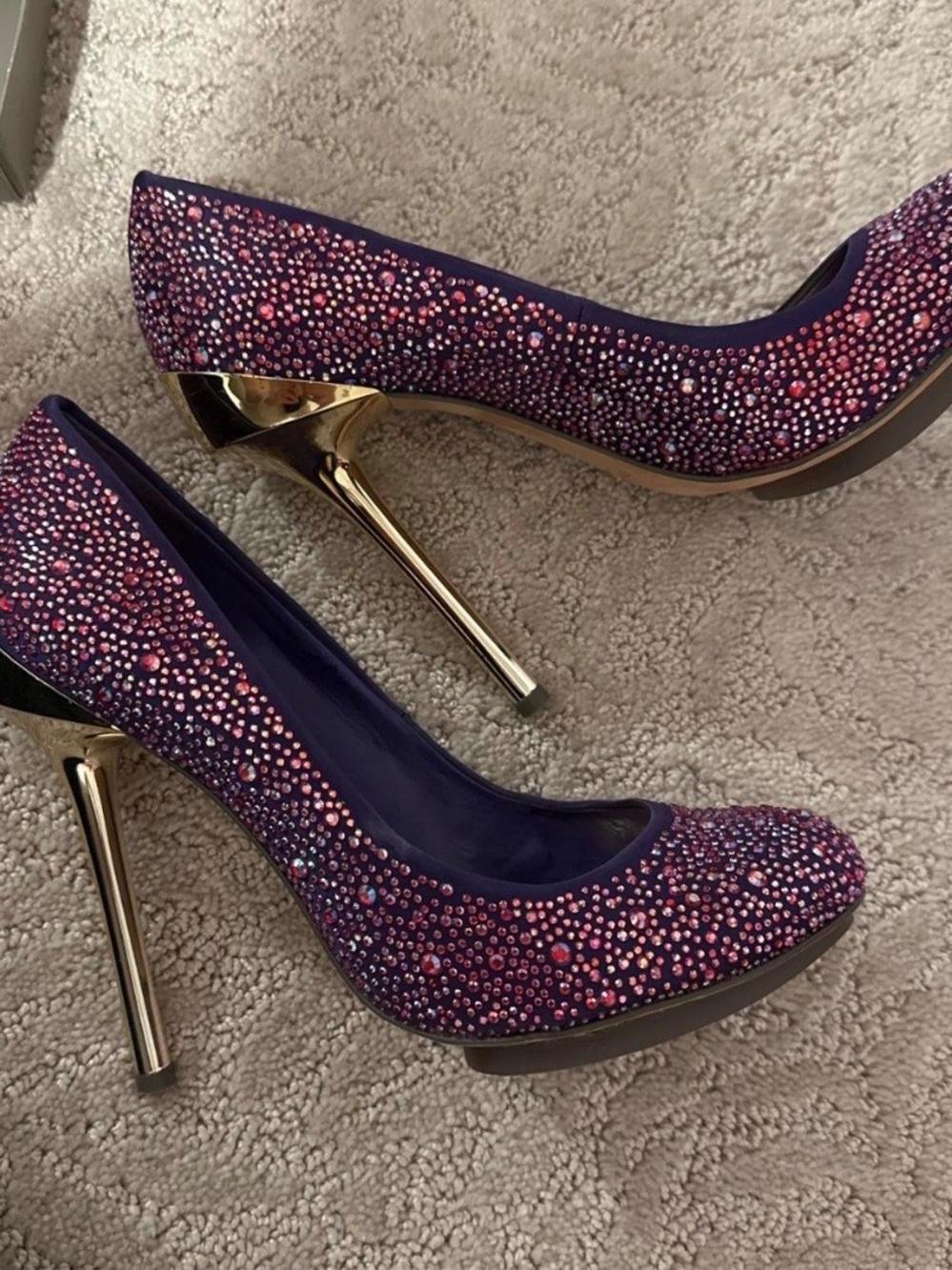 BCBGMaxAzria Purple Crystal-Embellished Gold Stiletto Pumps